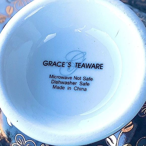 GRACES TEAWARE CUP SAUCER SET BLACK METALLIC GOLD FLORAL NEW PORCELAIN - Picture 11 of 11